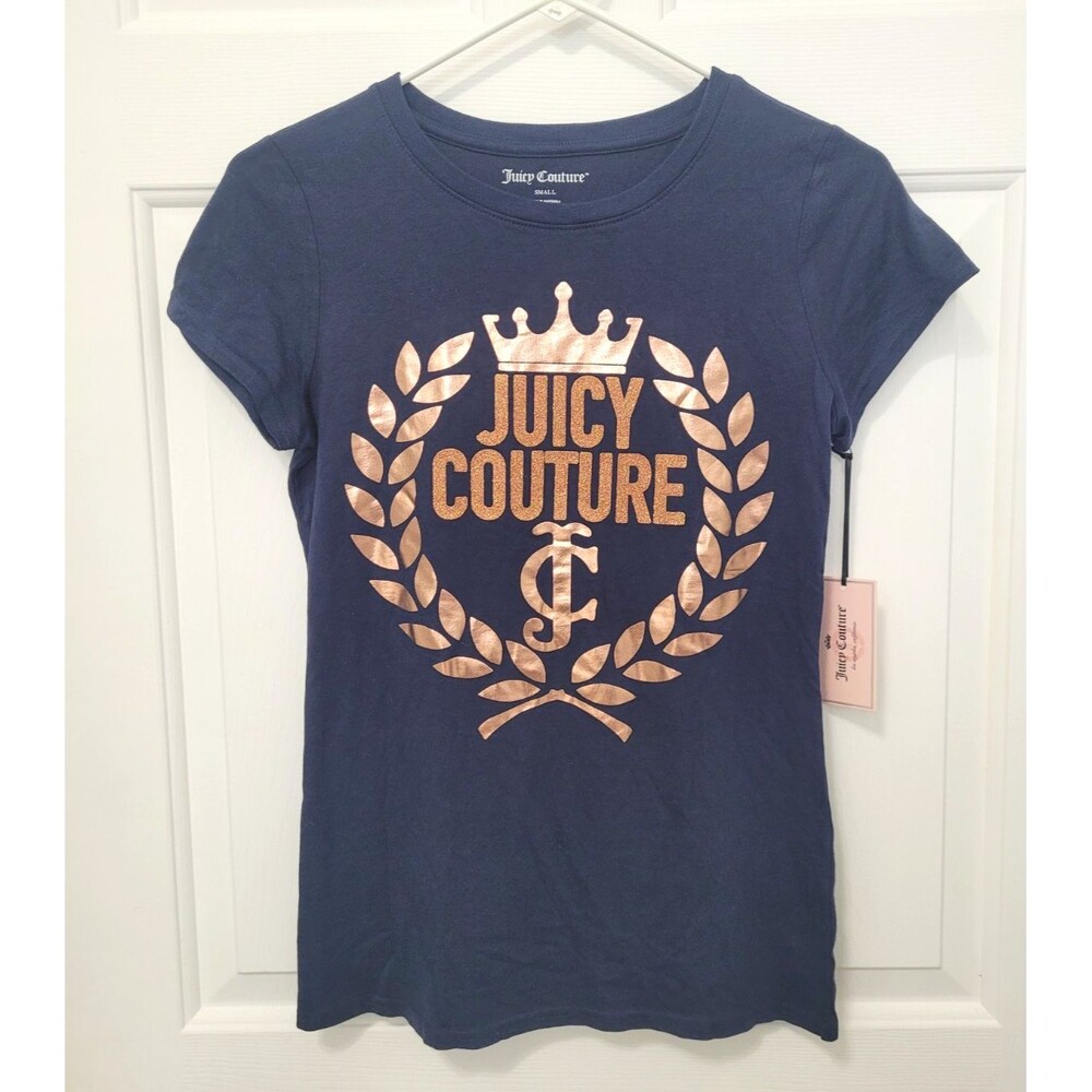 NWT Juicy Couture Leaf Crown Crest Tee Shirt Size S Regal Blue Gold Foil Y2K